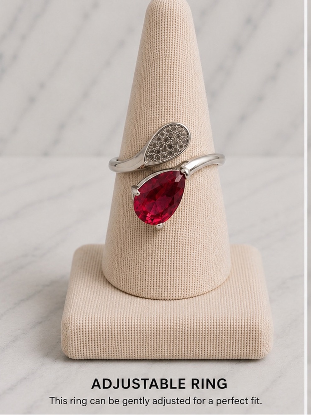 NWOT- White Gold Filled Semi-Adjustable Statement Ring/ Red CZ & Pavé Accent